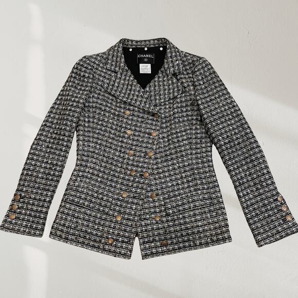 Chanel 05 Black White Plaid Tweed Sequin Jacket FR 40 | Gold Buttons Blazer Rare - Picture 2 of 16